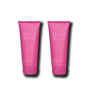 Neon rose vegan body cream and body wash gift set with recyclable sugarcane packaging