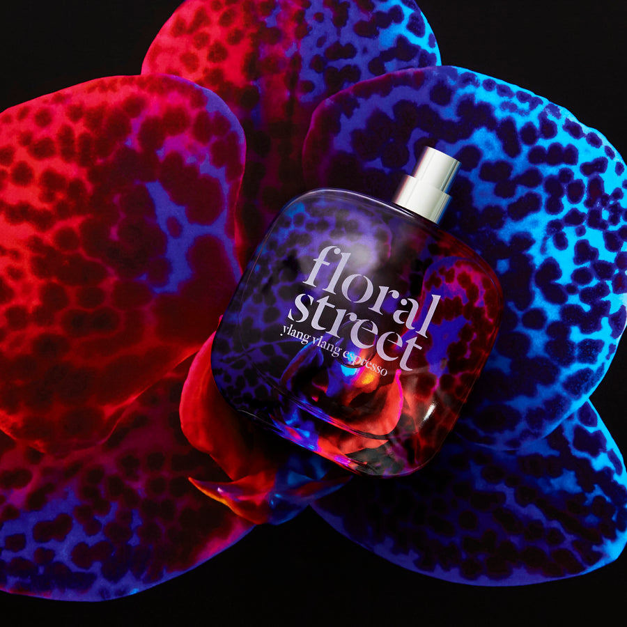 Floral Street Ylang Ylang Espresso Eau de Parfum 50ml Bottle on Flower | Award-winning British vegan fragrances