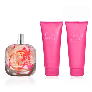 Neon rose eau de parfum 50ml vegan perfume and body cream and body wash gift set with recyclable compostable packaging